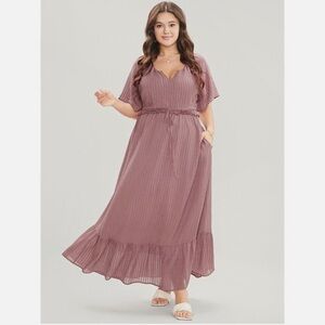 Bloomchic Plus Size Solid Striped Notched Ties Up Pocket Flutter Maxi Dress Pink